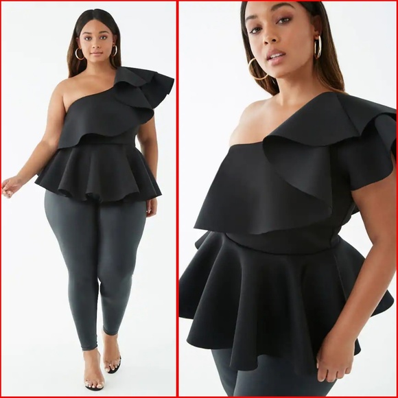 Tops - 1x-3x Plus Size One-Shoulder Flounce Top